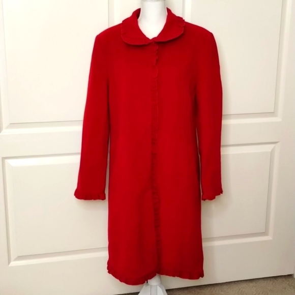 Larry Levine coat wool blend size Large ruby red ruffle front women's - Picture 1 of 13